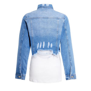 Veste en jean en coton coupé pour femme, style européen, décontractée, unie, délavée à l'acide, avec contraste de dentelle, respirante, séchage rapide, printemps automne, effet usé - Product Image 4