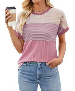 Femmes écologique couleur bloc mode printemps été décontracté lâche T-Shirts à manches courtes col rond hauts tricotés - Product Image 6