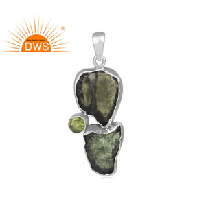 Latest Design Oxidized Sterling Silver Natural Rough Moldavite And <b>Peridot</b> Gemstone Pendant Custom Jewelry For Women - Product Image 1
