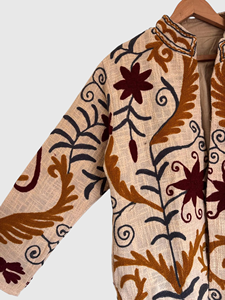 Veste en lin brodée florale, col mandarin, manches longues, manches lanternes, grande taille, style Prairie Chic, vêtements d'automne pour femmes - Product Image 6