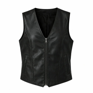 Vesloo Sports Wear <b>Men's</b> <b>Black</b> Genuine Leather <b>Vest</b> Sleeveless V Neck Zip up Waistcoat Windproof Breathable Smart Casual - Product Image 2
