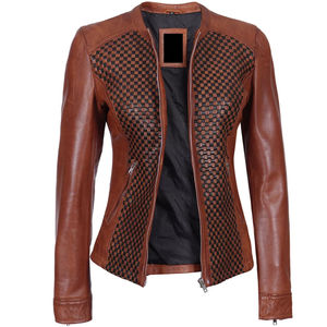 Veste de moto en cuir pour femme de qualité supérieure, matelassée, brodée, respirante, fermeture éclair avant, décontractée, confortable, couleurs marron et noir - Product Image 3