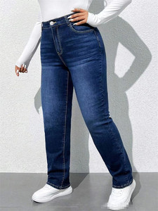 กางเกงยีนส์ทรงตรงสีน้ำเงินเข้มสำหรับผู้หญิงไซส์ใหญ่ ทรงปกติ ผ้ายืด ทรงกระบอกกลาง แบบ OEM ลุคสบายๆ ซักแล้ว ใส่ได้ในฤดูร้อน - Product Image 3