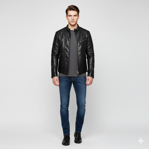 แจ็กเก็ตบอมเบอร์วินเทจหนังสีดำมีโลโก้ด้านหน้าเข้ารูปสำหรับฤดูหนาวดีไซน์ตามสั่ง - Product Image 6