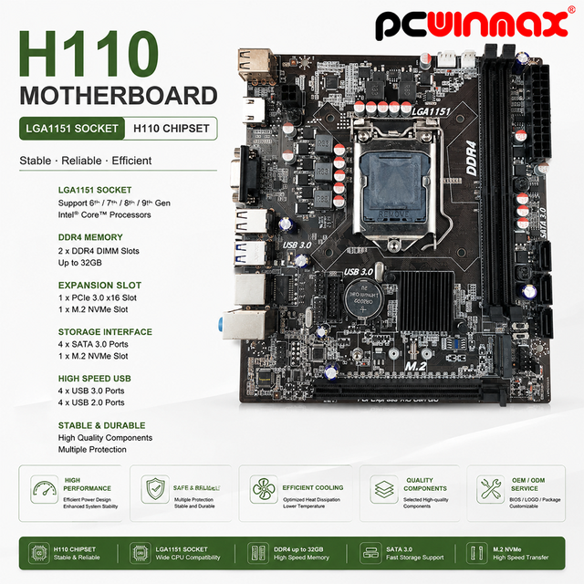 PCWINMAX Motherboard H110 LGA1151 MATX DDR4 64GB PCIe 3.0 Dual-Channel Board Factory Supply for 6th/7th Gen Desktop CPUs