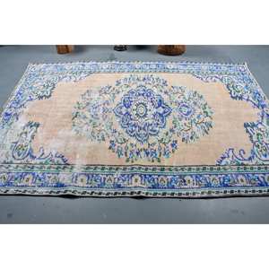 <b>Vintage</b> Turkish <b>Rug</b> Beige Blue 5.3 X 8.2ft Handmade Plush Pile Height Rectangular Shape Tabriz Patchwork Wool Polyester Latex - Product Image 3