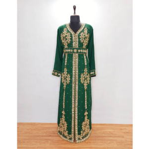 Caftan Marocain Moderne pour Femmes Vert Foncé Or Brodé Modeste Mode Islamique Respirant Georgette Robe Indienne Fait ODM - Product Image 1