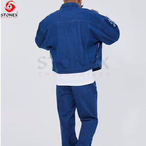 Ensemble 2 pièces pour homme : Veste en jean délavée personnalisée et pantalon long bleu 100% coton, coupe ample, grammage élevé, respirant, pour l'automne - Product Image 3