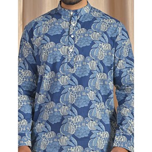 Kurta court en coton popeline bleu imprimé pour homme, chemise décontractée à manches longues, respirante et confortable - Product Image 2