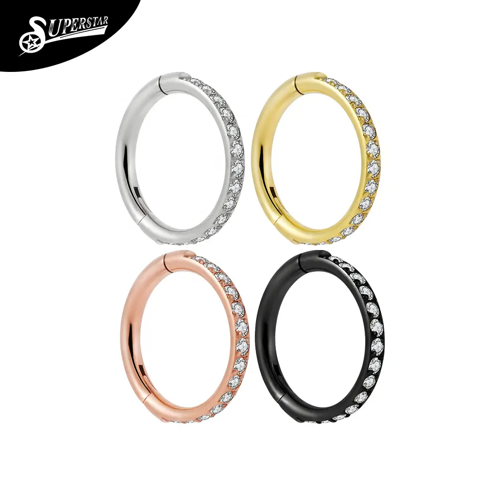 Superstar G23 Titanium Fine Carving Septum Set With 15 White Zircon PVD Nose Body Piercing Jewelry Hinged Segment Clicker Ring
