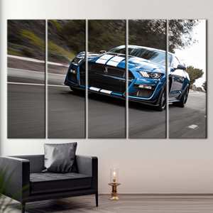 Arte Impreso en Lienzo: Ford Mustang Azul para Decoración de Amantes de Autos, 5P: Enmarcado para Galería - Product Image 1