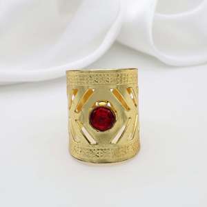 Wide Band 18k Gold Plated <b>Garnet</b> <b>Ring</b> Vintage Adjustable Brass Wholesale Hollow Cutout <b>Ring</b> For Women - Product Image 1