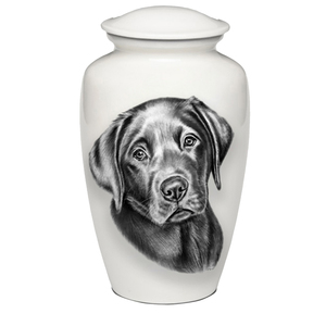 Urna de cremación para mascotas conmemorativa funeraria brillante blanca clásica para cenizas de perro latón y aluminio hechos a mano - Product Image 2
