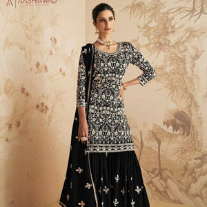 <strong>Designer</strong> Fully Stitched Eid Gharara Heavy Fox Georgette with Chain Stitch Work &amp; Embroidered Dupatta Indian &amp; Pakistani Clothing - Product Image 1