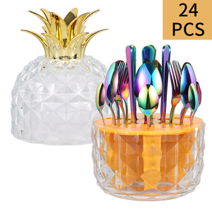 Juego de cubiertos de acero inoxidable de 24 piezas con diseño de piña creativa, cuchillo, tenedor y cuchara, color dorado, para mesa, transfronterizo - Product Image 5