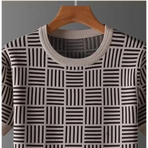 Suéter de Punto Jacquard con Logotipo Personalizado OEM, Suéter de Punto Geométrico para Hombre, Manga Corta, Cuello Redondo, Informal, Camiseta, Suéter de Punto para Hombre - Product Image 4