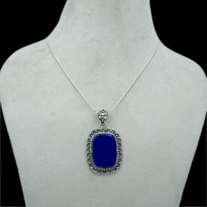 Collar con colgante de moda de Plata de Ley 925 Vintage, piedra preciosa cabujón de lapislázuli genuino azul Natural con regalo de cadena de lujo - Product Image 1