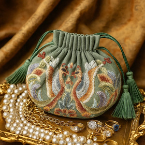 高級手作り100%シルク絹織刺繍ジュエリーポーチ |   オリエンタルアートギフトバッグ - Product Image 4