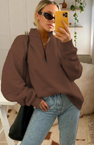 Sweat à capuche décontracté pour femme de haute qualité, à manches longues, coupe oversize, avec demi-zip, 100% coton, séchage rapide et imperméable - Product Image 6