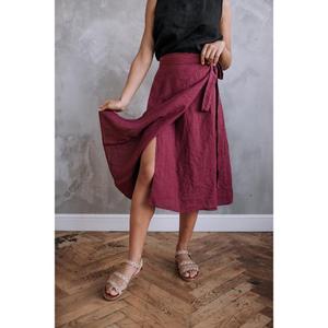 กระโปรงคลุมเข่าพร้อมการปิดแบบผูกข้างกระโปรงทรงหลวมแบบลำลองกระโปรงผ้าลินินเนื้อนุ่มกระโปรงขนาดเล็กกระโปรงฤดูร้อน - Product Image 1