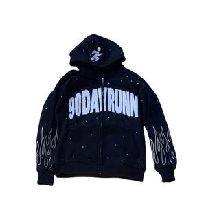 Custom Rhinestone Jacket Man Streetwear Oversized Baggy <b>Applique</b> Patch Men Zip up Denim Hoodie - Product Image 1