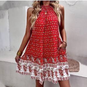 Indian Handmade Bohemian Floral Printed Mini <b>Dress</b> Women <b>Summer</b> Wear Pocket <b>Sleeved</b> Natural Waistline Knee-Length Beach - Product Image 5