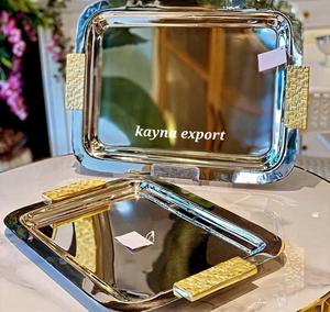 Ensemble de 3 plateaux de service en acier inoxydable plaqué or de luxe poli pour hôtels, restaurants, utilisation du Ramadan, mariage, design moderne - Product Image 2