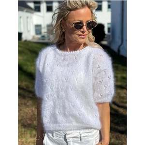 Women's Breathable 100% Acrylic Open-Knit Crew Neck Puff Sleeve Sweater with <b>Bow</b> and Button Details - Product Image 3