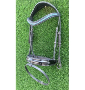 บังเหียนม้าหนังวัวแท้สีดำ/หนังวัวกระทิง พร้อมสายคาดศีรษะและสายบังเหียนประดับคริสตัลสีน้ำเงิน ผู้ผลิตขายดี - Product Image 3