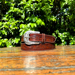 Dernière ceinture en cuir véritable de sculpture occidentale pour hommes et femmes main Floral Distress Tooling Party Wear avec motif floral - Product Image 3