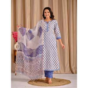 ชุดคุรตะผ้าฝ้ายสีขาวและสีน้ำเงินพร้อมกางเกงขายาวพิมพ์ลายบัตต้า แขนสามส่วน เสื้อสำหรับใส่ในชีวิตประจำวัน - Product Image 5