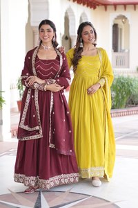 Vestido Largo Anarkali con Dupatta, Salwar Kameez para Mujer, para Fiestas y Bodas, Color Amarillo CYE, Lentejuelas, Poliéster, Largo hasta el Suelo, Moderno - Product Image 2