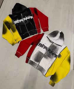 OEM Sweat à capuche pour homme, style streetwear, imprimé numérique, hiver, avec strass, effet délavé soleil, oversize, en coton, délavé à l'acide, coupe carrée, 3 fermetures éclair, molleton standard - Product Image 3
