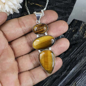 จี้หินตาเสือธรรมชาติพร้อมโซ่โลหะ-เครื่องประดับคริสตัล - Product Image 3
