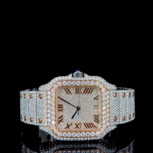Reloj de Pulsera de Lujo con Incrustaciones de Diamantes, Detalles en Oro Rosa, Esfera con Números Romanos y Moissanita, Visualización de Fecha, Elegante Reloj para Hombre - Product Image 1