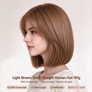Light Brown Short Straight Human Hair <b>Wig</b> Bob Bobo Hairpiece Natural Scalp Middle Part for Women - Product Image 2