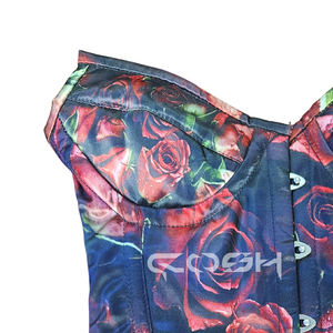 Corset bustier sur mesure en satin imprimé roses rouges, avec baleines en acier, idéal pour les soirées et la mode gothique - Product Image 3