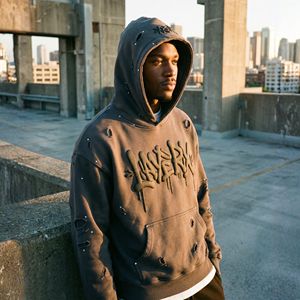 Sweat à capuche streetwear pour homme, de haute qualité, hiver, délavé à l'acide, effet usé, lourd 500 g/m², graffiti, strass en verre, effet 3D - Product Image 5