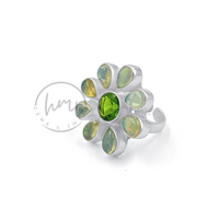 Bague Fleur en Argent Sterling 925 avec Opale de Feu Éthiopienne et Pierre Centrale en Quartz Péridot Vert, Bague Ajustable Bohème en Pierres Précieuses, Bijou