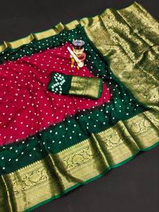 Belle tenue occasionnelle haute sur demande Pure Bandhej Silk Saree Blouse avec Kanchipuram Zari Weaving Work Fournisseur de l'Inde - Product Image 3