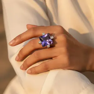 ต่างหูแบบหนีบสำหรับผู้หญิง แหวนเงินประดับพลอยสี่เหลี่ยมอเมทิสต์ เครื่องประดับอัญมณ์ - Product Image 3