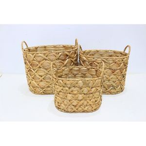 Set 3 Natural Color Oval <b>Water</b> Hyacinth Baskets Iron Frame Half Handles Flat Weave Mix Knot for Home Laundry Use Food <b>Storage</b> - Product Image 1
