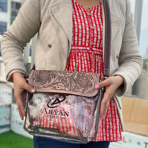 Nuevos bolsos de estadio transparentes de cuero labrado pintados a mano con estilo occidental, bolsos cruzados transparentes de concierto de cuero labrado genuino únicos - Product Image 1