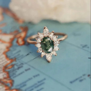 14K ของแข็งสีเหลืองทองธรรมชาติมอสอาเกตกับลูกแพร์อัญมณีเพชรโมอิสและแหวนเครื่องประดับคุณภาพสูงรูปทรงกลม - Product Image 1