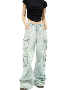 Jeans cargo à jambes larges bleu clair pour femmes, pantalon en denim taille haute avec poches à rabat boutonnées, vêtements de rue décontractés, fournisseur OEM - Product Image 1