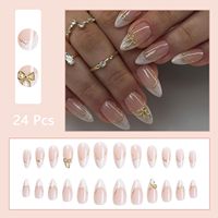 24 faux ongles blancs à bout français, forme amande moyenne, avec nœud 3D et motif acrylique, ligne dorée, à coller, vente en gros