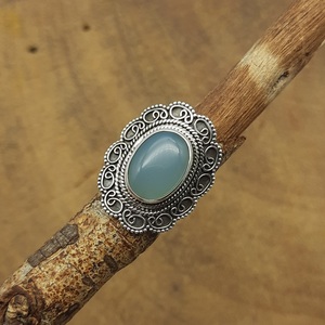 Bague ethnique design en argent sterling 925 bohème Aqua calcédoine pierre précieuse artisanale - Product Image 6