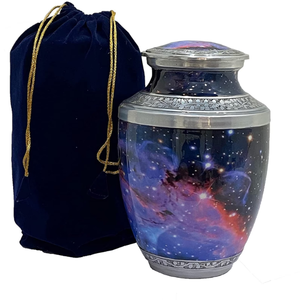 Tarro de exhibición de cenizas de diseño clásico y urnas de cremación hechas a mano de aluminio fundido con acabado personalizado con paquete de bolsa personalizado - Product Image 1