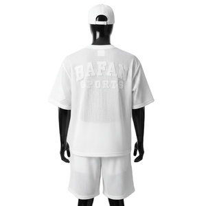 Men Mesh Short <b>Set</b> Premium 180 GSM Soft Polyester Mesh White Contrast Panels Custom Silicone Print Logo for men's <b>set</b> - Product Image 2