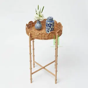 Beautiful Rattan Scallop Tray Modern Rattan Bedside Table 2024 Rattan Scallop Table Customize Size Color Package from HNH Craft